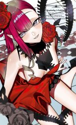 1girl baobhan_sith_(fate) baobhan_sith_(fgo_fes._2025)_(fate) bare_shoulders blush breasts cleavage dress earrings fate/grand_order fate_(series) flower grey_eyes grin highres jewelry kabosoi_mangaka large_breasts long_hair looking_at_viewer pink_hair pointy_ears red_dress rose sidelocks smile solo thighs