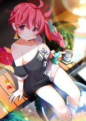 1girl absurdres ahoge arm_support black_shirt blurry blurry_background blush braid breasts can chromatic_aberration closed_mouth collarbone commission depth_of_field drink earrings food from_above fruit hair_between_eyes hair_ornament head_tilt highres holding holding_can jewelry large_breasts long_hair looking_at_viewer looking_up medium_breasts off-shoulder_shirt off_shoulder original pink_eyes pink_hair purple_eyes shiro9jira shirt short_sleeves side_ponytail sitting skeb_commission smile soaking_feet solo sunlight sweat water watermelon white_shirt
