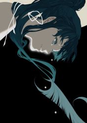 Rule 34 | 1girl, bare shoulders, black background, blue eyes, blue hair, blunt ends, commentary, crying, crying with eyes open, floating hair, flying teardrops, glowing, grin, halterneck, highres, long hair, looking ahead, minato hikaru, parted lips, ponytail, portrait, profile, sideways, simple background, smile, solo, soukou akki muramasa, symbol-only commentary, tears, tuzaixia
