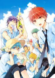 6+boys akashi_seijuurou antenna_hair aomine_daiki aqua_hair balloon bare_arms belt black-framed_eyewear black_eyes black_necktie black_pants blonde_hair blue_eyes blue_hair blue_sky breast_pocket bright_pupils brown_belt cloud collared_shirt cowboy_shot dark-skinned_male dark_skin day dress_shirt feet_out_of_frame food food_in_mouth glasses green_hair hair_between_eyes hand_on_headwear hat heterochromia holding holding_balloon holding_water_gun kise_ryouta kuroko_no_basuke kuroko_tetsuya long_hair low_ponytail male_focus midorima_shintarou multiple_boys murasakibara_atsushi nana_mimari necktie open_mouth outdoors pants pocket ponytail popsicle popsicle_in_mouth purple_hair red_eyes red_hair school_uniform shirt short_hair short_sleeves sky straw_hat summer sun_hat teeth upper_teeth_only water_balloon water_gun white_pupils white_shirt wringing_clothes yellow_eyes yellow_hat
