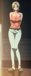 1boy 1girl 2011 age_difference blonde_hair blue_eyes breasts covered_erect_nipples denim female_focus game game_cg highres huge_breasts indoors kamimura_akiko keisuke_(sisters) kouzaka_kohei kouzaka_kouhei mature_female no_bra older_female_and_younger_male older_woman_and_younger_man pants ponytail premature_ejaculation sisters_~natsu_no_saigo_no_hi~ slippers stepmother_and_stepson taki_minashika tight_clothes tight_pants
