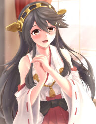 1girl bare_shoulders black_hair blush brown_eyes detached_sleeves hair_between_eyes hair_ornament hairclip hakama hakama_skirt haruna_(kancolle) headgear ichimai_(apieceof_ray151) japanese_clothes kantai_collection long_hair nontraditional_miko own_hands_together red_hakama red_skirt ribbon-trimmed_sleeves ribbon_trim skirt smile solo upper_body