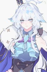 1girl absurdres blue_dress blue_eyes blue_hair breasts cape cerydra_(honkai:_star_rail) closed_mouth crown dress fur-trimmed_cape fur_trim hair_intakes hashtag-only_commentary highres honkai:_star_rail honkai_(series) j0hgq018qp67138 large_breasts long_hair mini_crown simple_background solo upper_body white_background