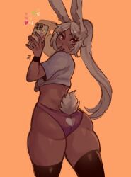 absurdres animal_ears boku_no_hero_academia cellphone crop_top dark-skinned_female dark_skin from_behind heart heart_panties heart_print highres looking_at_viewer looking_back mirko panties parted_bangs phone pink_panties ponytail print_panties rabbit_ears rabbit_girl rabbit_tail red_eyes smartphone tail taking_picture toned toned_female tongue tongue_out underwear white_hair widisu