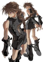 Rule 34 | alternate costume, arm warmers, atie1225, bare shoulders, bound, bound arms, braid, brown hair, detached sleeves, duo maxwell, gundam, gundam wing, leg warmers, long hair, male focus, multiple views, purple eyes, shorts, single braid