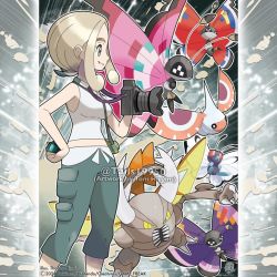 1girl blonde_hair breasts butterfree camera creatures_(company) game_freak gen_1_pokemon gen_3_pokemon gen_6_pokemon green_eyes insect_wings large_breasts masquerain mega_pinsir mega_pokemon nintendo pants pinsir pokemon pokemon_xy shirt sleeveless sleeveless_shirt tails19950 tom_higgins viola_(pokemon) vivillon wings