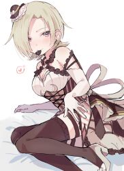 Rule 34 | 1girl, blonde hair, blush, breasts, brown dress, brown hat, brown thighhighs, candy, chocolate, chocolate heart, cleavage, cross-laced clothes, cross-laced dress, dress, earrings, elbow gloves, food, gloves, hat, heart, heart earrings, high heels, highres, jewelry, looking at viewer, love live!, love live! nijigasaki high school idol club, medium breasts, mia taylor, mini hat, mouth hold, notyu maru, purple eyes, short hair, sleeveless, sleeveless dress, solo, spoken heart, thighhighs, tilted headwear, underbust, upper body, white footwear, white gloves