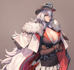 1girl azur_lane breasts cape cleavage collared_shirt crossed_arms female_focus fur_trim graf_zeppelin_(azur_lane) hat large_breasts long_hair long_sleeves oda_non peaked_cap red_eyes shirt simple_background solo uniform upper_body white_hair
