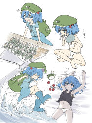 1girl absurdres alarm_clock alternate_costume backpack bag bananannu barefoot black_tank_top blue_boots blue_eyes blue_hair blue_shirt blue_skirt blush boots bow bow_panties clock collared_shirt cucumber dreaming fanning_self full_body green_bag green_hat hair_bobbles hair_ornament hat highres hot indian_style jewelry kawashiro_nitori key key_necklace multiple_views necklace newsboy_cap open_mouth panties rubber_boots shirt short_hair sitting skirt skirt_set sleepy splashing squeans sweat tank_top touhou two_side_up underwear water white_panties