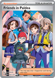 Rule 34 | 2boys, 3girls, :d, :o, artist name, arven (pokemon), backpack, bag, black hair, black socks, blue hair, braid, brown bag, brown eyes, brown hair, card (medium), closed mouth, collared shirt, company name, copyright name, copyright notice, eevee backpack, english text, eyelashes, florian (pokemon), glasses, green eyes, green hair, grey eyes, grey hoodie, grey pantyhose, grey shirt, hair over one eye, hands in pockets, hat, holding strap, hood, hood down, hoodie, juliana (pokemon), long hair, long sleeves, medium hair, multicolored hair, multiple boys, multiple girls, necktie, nemona (pokemon), nintendo, nitanda cona, official art, open clothes, open mouth, open vest, orange eyes, pants, pantyhose, penny (pokemon), poke ball print, pokemon, pokemon card, pokemon sv, pokemon tcg, ponytail, print pantyhose, purple necktie, purple pants, purple shorts, red hair, round eyewear, school uniform, see-through clothes, see-through skirt, shirt, short hair, short sleeves, shorts, side braid, single braid, sitting, skirt, smile, socks, standing, streaked hair, teeth, third-party source, trading card, two-tone hair, uva academy school uniform, very short hair, vest, yellow vest