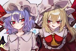 2girls arm_out_of_frame arms_behind_back ascot bat_wings blonde_hair blue_hair blush breast_envy breasts buttons commentary_request crystal_wings eyes_visible_through_hair fang flandre_day flandre_scarlet genshi_neki grey_background hair_between_eyes hat hat_ribbon highres leaning_forward long_hair looking_to_the_side medium_hair mob_cap multiple_girls open_mouth pointy_ears pout puffy_short_sleeves puffy_sleeves purple_hair red_eyes red_ribbon red_skirt red_vest remilia_scarlet ribbon shirt short_hair short_sleeves side_ponytail skin_fang skirt smug touhou upper_body vest white_shirt wings yellow_ascot
