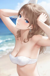 1girl adjusting_hair armpits beach bikini blue_eyes breast_tattoo breasts brown_hair cleavage cloud day earrings eunie_(xenoblade) feathered_wings hands_on_own_head head_wings heart heart_earrings highres horizon jewelry large_breasts light_smile medium_hair miura-n315 neck ocean outdoors sand solo swimsuit tattoo water white_bikini white_wings wings xenoblade_chronicles_(series) xenoblade_chronicles_3