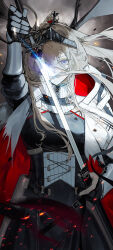 1girl absurdres antlers arknights blonde_hair blue_eyes breasts chinese_commentary cloak closed_mouth commentary_request drawing_sword gauntlets glint hand_on_sheath highres holding holding_sword holding_weapon hood hood_down hooded_cloak horns looking_at_viewer partial_commentary red_cloak sheath solo sword two-sided_cloak two-sided_fabric unsheathing viviana_(arknights) weapon white_cloak yuuki_mix