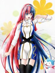 Rule 34 | 1girl, 1other, aqua fur, bandana, bandana around neck, blue eyes, blue hair, braid, crossed bangs, crown braid, female alear (fire emblem), fire emblem, fire emblem engage, hair between eyes, heterochromia, hiruhino, long hair, multicolored hair, nintendo, open mouth, red bandana, red eyes, red hair, sommie (fire emblem), split-color hair, tiara, two-tone fur, two-tone hair, very long hair, white fur