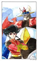 1boy armor black_armor black_hair blue_armor bodysuit brown_eyes crossed_arms frown head_spikes highres kabuto_kouji male_focus mazinger_(series) mazinger_z mazinger_z_(mecha) mecha mecha_focus mecha_pilot_suit multicolored_armor red_armor red_bodysuit robot short_hair sideburns super_robot v-shaped_eyebrows whelljeck
