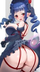 1girl absurdres ass black_bow black_dress black_gloves blue_hair blush bow breasts commission dizzy_dokuro dizzy_dokuro_(1st_costume) double_bun dress flower frilled_dress frills gloves hair_bun hair_flower hair_ornament highres humo large_breasts long_hair looking_back open_mouth phase_connect red_eyes red_flower red_rose rose second-party_source shadow shibari shibari_over_clothes shoulder_blades skeb_commission solo virtual_youtuber