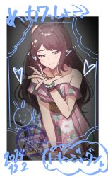 Rule 34 | 1girl, :3, absurdres, animal ears, arlcn (arlcn 1115), black hair, blue eyes, bracelet, closed mouth, dated, dress, ear ornament, hand up, highres, horse ears, horse girl, jewelry, long hair, off-shoulder dress, off shoulder, short sleeves, smile, solo, swept bangs, tosen jordan (umamusume), twitter username, umamusume, underwear, very long hair, watermark, white dress