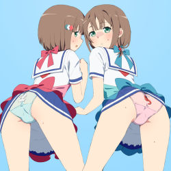 2girls apron ass back-print_panties bent_over blouse blue_apron blue_background blue_bow blue_skirt blush bow brown_hair closed_mouth commentary cowboy_shot crotch_seam from_behind frown green_eyes green_panties hair_bobbles hair_bow hair_ornament high_school_fleet highres kinesaki_akane kinesaki_homare looking_at_viewer looking_back miniskirt multiple_girls neckerchief onsen_tamago_(hs_egg) open_mouth panties pink_apron pink_panties pleated_skirt print_panties red_bow sailor_collar school_uniform serafuku shirt short_hair shrimp_print siblings side-by-side simple_background single_horizontal_stripe sisters skirt squid_print standing sweat sweatdrop twins underwear white_sailor_collar white_shirt yokosuka_girls_marine_high_school_uniform