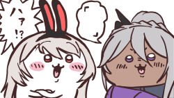 Rule 34 | 2girls, animal ears, blush stickers, braid, chiikawa, commentary request, crossed arms, dark-skinned female, dark skin, fake animal ears, girls&#039; frontline, girls&#039; frontline 2: exilium, grey hair, hair between eyes, high ponytail, krolik (girls&#039; frontline 2), long hair, looking at viewer, meimushi, multiple girls, nemesis (girls&#039; frontline 2), open mouth, parody, ponytail, purple eyes, rabbit ears, red eyes, simple background, smile, speech bubble, upper body, white background
