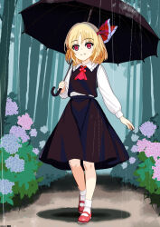 1girl ascot black_skirt black_vest blonde_hair blue_flower bush closed_mouth collared_shirt commentary_request flower frilled_shirt_collar frills full_body hair_ribbon highres holding holding_umbrella hydrangea long_sleeves mary_janes medium_skirt mist9801km outdoors pink_flower purple_flower rain red_ascot red_eyes red_ribbon red_shoes ribbon rumia shirt shoes skirt skirt_set smile socks solo split_mouth touhou umbrella vest white_shirt white_socks