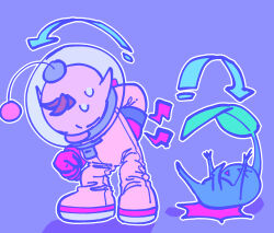 &gt;_&lt; 1boy ^^^ arrow_(symbol) back_pain bad_tag big_nose blue_background blue_pikmin blue_skin brown_hair clenched_hand closed_eyes colored_skin flat_color flying_sweatdrops full_body furrowed_brow gloves hand_on_own_back height_difference helmet highres leaf lying male_focus nintendo olimar on_back outline pain pikmin_(creature) pikmin_(series) pointy_ears radio_antenna red_gloves rubbing shadow short_hair shout_lines simple_background space_helmet spacesuit standing tripping very_short_hair whistle white_outline yu_pikmin