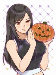 1girl bare_arms bare_shoulders black_hair black_vest blush breasts chocobo closed_mouth collarbone commentary crop_top final_fantasy final_fantasy_vii final_fantasy_vii_advent_children halloween highres holding holding_pumpkin large_breasts long_hair looking_at_viewer midriff_peek pumpkin red_eyes rena_s1226 sabotender smile solo swept_bangs tank_top tifa_lockhart upper_body vest white_tank_top zipper