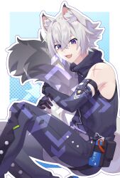 Rule 34 | 1boy, absurdres, animal ears, cat boy, cat ears, cat tail, eyuzi i, hair between eyes, highres, long tail, open mouth, police, police badge, police uniform, policeman, scar, scar on arm, scar on shoulder, seth lowell, short hair, simple background, smile, tail, white hair, zenless zone zero