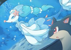 :o air_bubble aquarium blue_eyes bright_pupils bubble colored_eyelashes commentary_request fish gen_2_pokemon gen_7_pokemon matata nintendo no_humans open_mouth pokemon pokemon_(creature) primarina quilava red_eyes white_pupils