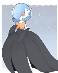 alternate_color black_dress black_gloves blue_hair bob_cut colored_skin dress elbow_gloves gardevoir gen_3_pokemon gloves hair_over_one_eye highres kuzuyu mega_gardevoir mega_pokemon nintendo orange_eyes pokemon pokemon_(creature) shiny_pokemon white_skin