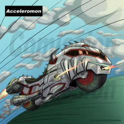 armor digimon digimon_(creature) highres horns machmon motor_vehicle motorcycle original sharp_teeth solo spikes teeth wheel