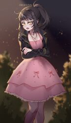 1girl absurdres artist_name black_hair cropped_jacket cross cross_necklace crossed_arms dress highres idamaria jacket jewelry long_hair necklace open_clothes open_jacket open_mouth original pink_dress ponytail solo stitched_leg stitched_torso stitches yellow_eyes zombie
