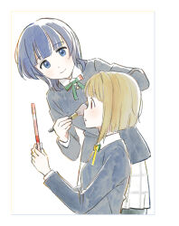 Rule 34 | 2girls, applying makeup, artbook, asaka karin, black jacket, black thighhighs, blazer, blonde hair, blue eyes, blunt bangs, blunt ends, blush, bob cut, bow, closed mouth, collared shirt, cosmetics, dot nose, from side, green bow, green ribbon, grey hair, grey skirt, hands up, highres, holding, jacket, leaning forward, lipstick, lipstick tube, long sleeves, love live!, love live! nijigasaki high school idol club, makeup, mebachi, multiple girls, nakasu kasumi, neck ribbon, nijigasaki school uniform, non-web source, official art, pink eyes, plaid clothes, plaid skirt, pleated skirt, purple hair, ribbon, school uniform, shirt, short hair, simple background, skirt, smile, thighhighs, white background, white shirt, white skirt, winter uniform, yellow ribbon