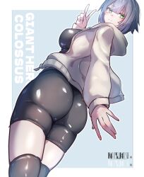 1girl absurdres artist_name ass bike_shorts blue_hair breasts colossus_(natsukaze_shigure) green_eyes highres huge_ass jacket large_breasts legs looking_at_viewer looking_back natsukaze_shigure open_clothes open_jacket original short_hair sideboob smile solo thighs v