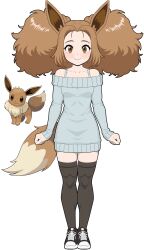 1girl absurdres animal_ears black_thighhighs blush brown_eyes brown_hair eevee farajtank fluffy_hair forehead full_body gen_1_pokemon grey_sweater highres nintendo off-shoulder_sweater off_shoulder parted_bangs personification pokemon pokemon_(creature) pokemon_tail shoes smile sneakers sweater tail thighhighs