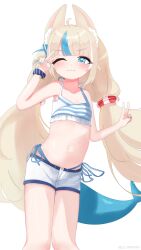 1girl ;) absurdres animal_ear_fluff animal_ears bare_arms bikini blonde_hair blue_eyes blue_hair blush breasts closed_mouth crop_top fish_girl highres indie_virtual_youtuber knees lily_rinpan loli long_hair looking_at_viewer multicolored_hair one_eye_closed sameko_saba short_shorts shorts simple_background small_breasts smile solo standing stomach swimsuit tail twintails v very_long_hair virtual_youtuber white_background