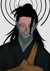 1boy bad_id bad_twitter_id black_hair black_kimono earrings floral_print getou_suguru hair_bun hair_over_one_eye half-closed_eyes highres japanese_clothes jewelry jujutsu_kaisen kimono long_hair looking_at_viewer male_focus o_o_725 one_eye_covered orange_eyes parted_lips sash single_hair_bun slit_pupils smile solo spiral stud_earrings teeth tsurime upper_body white_background