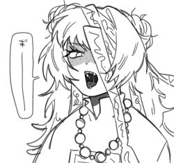 1girl bead_necklace beads e.g.o_(project_moon) greyscale hair_bun hundred-footed_death_maggot_(e.g.o) ishmael_(project_moon) jewelry limbus_company long_hair looking_at_viewer mandarin_collar monochrome necklace onriendo open_mouth project_moon sidelocks solo speech_bubble very_long_hair