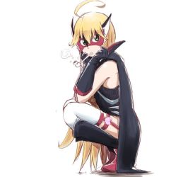 1girl ahoge blonde_hair boots blowing_bubbles cape domino_mask doronjo elbow_gloves from_side full_body gloves green_eyes head_rest kaauchi knee_boots leopard_(yatterman) mask solo squatting thighhighs time_bokan_(series) yatterman yoru_no_yatterman