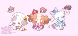 1boy 2girls :&lt; :3 aqua_eyes aqua_scarf beret blue_bow blue_brooch blue_eyes blue_hat blue_neckerchief blunt_bangs blush_stickers bow bowtie brooch brown_eyes brown_hair cat commentary_request cosplay crown cure_nyammy cure_nyammy_(cosplay) cure_wonderful cure_wonderful_(cosplay) daifuku_(precure) dog dress dress_bow eyelashes forehead frilled_dress frills frown glasses hair_ornament hair_scrunchie hairclip hands_on_own_cheeks hands_on_own_face happy hat hat_ornament head_only heart heart_brooch heart_hat_ornament highres inukai_iroha inukai_komugi inukai_komugi_(dog) jewelry long_dress long_hair mini_crown multiple_girls neckerchief nekoyashiki_mayu nekoyashiki_yuki nekoyashiki_yuki_(cat) opaque_glasses open_mouth orange-framed_eyewear orange_hair paw_print pink_background pink_bow pink_bowtie pink_brooch pink_dress precure purple_bow purple_bowtie rabbit red_crown robe round_eyewear sailor_collar scarf scrunchie self_cosplay serizawa_serizane short_dress short_hair side_ponytail single_stripe smile sparkle striped_bow striped_bowtie striped_clothes sweatdrop toyama_daifuku toyama_daifuku_(cosplay) toyama_satoru twitter_username watermark watermark_grid wavy_hair white_bow white_cat white_dress white_hat white_robe wonderful_precure! yellow_sailor_collar