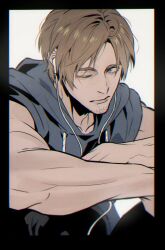 Rule 34 | 1boy, arms on knees, beard stubble, black border, black pants, blonde hair, blue eyes, border, closed mouth, collarbone, commentary, crossed arms, earbuds, earphones, facial hair, grey hoodie, highres, hood, hood down, hoodie, korean commentary, leon s. kennedy, looking to the side, male focus, one eye closed, pants, resident evil, resident evil 2, resident evil 2 (remake), sideways glance, sitting, sleeveless, sleeveless hoodie, solo, stubble, toned, toned male, umbrella rpd, white background, wire