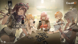 5girls blonde_hair brown_hair card card_game closed_eyes cup dark-skinned_female dark_skin elmo_dormitory_outfit female_commander_(girls&#039;_frontline) girls&#039;_frontline girls&#039;_frontline_2:_exilium gloves groza_(girls&#039;_frontline_2) highres holding holding_card holding_cup mayling_shen_(girls&#039;_frontline_2) multiple_girls nemesis_(girls&#039;_frontline_2) official_alternate_costume official_art ots-14_(girls&#039;_frontline) pink_hair playing_card playing_games suomi_(girls&#039;_frontline) suomi_(girls&#039;_frontline_2) table white_hair