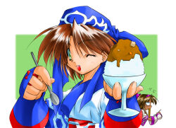 2girls ainu_clothes breasts brown_hair curry dark-skinned_female dark_skin eating fang fingerless_gloves food gloves green_eyes hair_ribbon ice japanese_text kageyama_shinobi long_hair looking_at_viewer multiple_girls murasaki_nakoruru one_eye_closed open_mouth ribbon rimururu samurai_spirits short_hair small_breasts smile snk spoon tongue translation_request turn_pale vomit wink