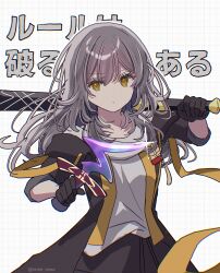 1girl absurdres baseball_bat black_coat black_gloves coat commentary_request cowboy_shot dagger fate/stay_night fate_(series) gloves grey_hair highres holding holding_baseball_bat holding_dagger holding_knife holding_weapon honkai:_star_rail honkai_(series) knife long_hair looking_at_viewer open_clothes open_coat over_shoulder rule_breaker_(fate) shirt solo stelle_(honkai:_star_rail) trailblazer_(honkai:_star_rail) translated twitter_username weapon weapon_over_shoulder white_shirt yellow_eyes yuma_(mron_322)