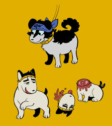 animal animalization asirpa character_request decapitation dog full_body golden_kamuy highres multiple_views no_humans simple_background sugata1616 tail tail_wagging yellow_background