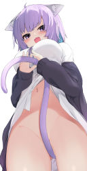 1girl :3 absurdres ahoge between_legs black_jacket bottomless breasts cat_girl convenient_censoring enri_madoka from_below gluteal_fold groin highres holding_tail hololive jacket large_breasts long_sleeves looking_at_viewer looking_down navel nekomata_okayu nekomata_okayu_(oversized_shirt) no_panties off_shoulder open_clothes open_jacket open_mouth purple_eyes purple_hair purple_tail shirt short_hair simple_background smile solo stomach tail tail_between_legs tail_censor upshirt virtual_youtuber white_background white_shirt