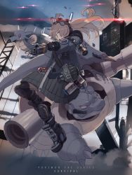 1girl antenna_hair arm_guards armor armored_boots beak black_socks blastoise blush boots brown_hair cannon city claws coat dress explosive fingerless_gloves fish floating_hair gen_1_pokemon gloves glowing golduck green_eyes grenade hair_over_one_eye headgear headset highres holding horsea jacket knee_boots knee_pads kneehighs lens_flare light_rays long_hair long_sleeves nintendo open_clothes open_jacket open_mouth poke_ball pokemon pokemon_(creature) ponytail ribbed_dress rock scar scar_across_eye scar_on_face seahorse sign single_wing smoke socks teeth tower unzipped whitebear wings zipper