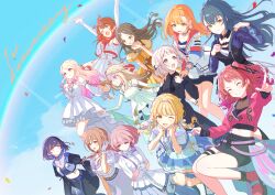 6+girls :d ;d ^_^ arimura_mao bare_shoulders black_necktie black_shirt black_skirt blonde_hair blue_dress blunt_bangs boots braid brown_hair closed_eyes collared_dress commentary_request cropped_jacket detached_collar detached_sleeves dress elbow_gloves fujita_kotone gakuen_idolmaster gloves gradient_hair green_dress green_eyes green_hair green_sleeves grey_hair hairband hanami_saki hanami_ume hataya_misuzu highres himesaki_rinami idolmaster jacket juo_sena katsuragi_lilja kuramoto_china long_hair long_sleeves looking_at_viewer midriff misuzu0342 multicolored_hair multiple_girls navel necktie one_eye_closed open_clothes open_jacket open_mouth orange_dress orange_hair outdoors outstretched_arm parted_lips pink_hair pink_hairband red_boots shinosawa_hiro shirt shiun_sumika shoes short_hair short_sleeves skirt small_sweatdrop smile tsukimura_temari turn_pale two-tone_hair white_dress white_gloves white_shoes white_sleeves