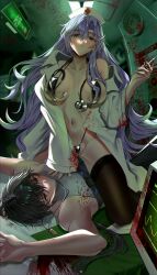 1boy 1girl absurdres bare_shoulders black_hair black_slingshot_swimsuit black_thighhighs blood blue_eyes breasts cantarella_(wuthering_waves) closed_mouth collarbone commentary english_commentary girl_on_top grey_shirt groin hair_between_eyes hat highres holding holding_syringe indoors jacket large_breasts long_hair looking_at_viewer male_rover_(wuthering_waves) navel nurse_cap open_clothes open_jacket parted_lips purple_hair rover_(wuthering_waves) shirt sleeveless sleeveless_shirt slingshot_swimsuit smu_(xhsg8274) stethoscope stomach swimsuit syringe thighhighs thighs toned toned_male very_long_hair white_jacket wuthering_waves yellow_eyes