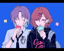 Rule 34 | 2girls, ahoge, asakura toru, black necktie, black sweater, blue hair, bracelet, breast pocket, brown hair, closed eyes, closed mouth, commentary request, earphones, food, gradient hair, hair between eyes, hair ornament, hairclip, higuchi madoka, holding, holding food, holding ice cream, ice cream, idolmaster, idolmaster shiny colors, jewelry, letterboxed, mole, mole under eye, multicolored hair, multiple girls, necktie, parted bangs, pocket, purple eyes, raychelsoo, shared earphones, shirt, short hair, sweater, white shirt