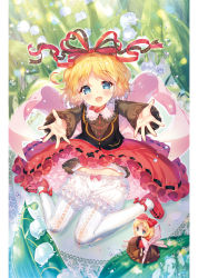 2girls :d amo_(shibu3) black_shirt blonde_hair bloomers blue_eyes blush bow choker commentary_request doily flower frilled_shirt_collar frilled_sleeves frills hair_bow hair_ribbon head_tilt highres lace lily_of_the_valley long_sleeves looking_at_viewer medicine_melancholy midriff mini_person minigirl multiple_girls open_mouth outstretched_arms pantyhose petticoat pillarboxed pink_bow puffy_long_sleeves puffy_sleeves red_bow red_footwear red_ribbon red_skirt ribbon ribbon-trimmed_clothes ribbon_trim shirt shoes short_hair signature sitting skirt smile sparkle su-san touhou underwear wariza water_drop white_bloomers white_flower white_legwear